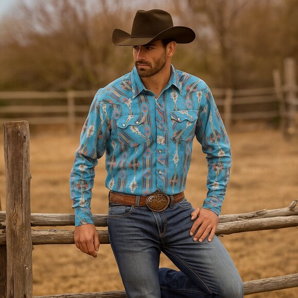 Rock & Roll Cowboy 100% Cotton Pearl Snap Front Aztec Western Shirt Men's XXL - Picture 1 of 15